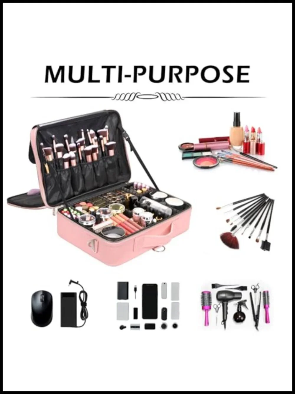 PU Leather Large Capacity Travel Cosmetic Organizer with Adjustable Dividers